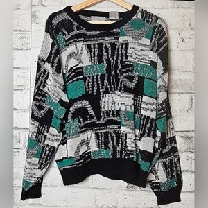 Vintage 90s Celebrity Club Abstract Knit Sweater Black Teal Gray Large